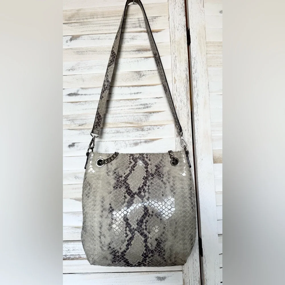 MICHAEL KORS JET SET Gray Python Print Leather Convertible Chain Handbag